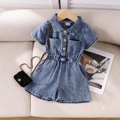 Autumn Denim Jumpsuit Girls' Short Sleeve Denim Overalls New Fashion Summer Shorts