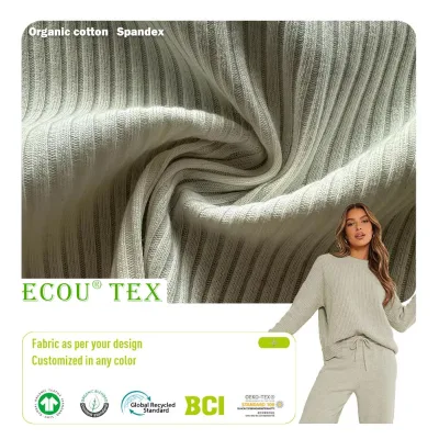 Soft Stretch Organic Cotton Rib Knit Fabric GOTS GRS Certified Eco Friendly Breathable Neck Cuff Hem Ribbing Wholesale