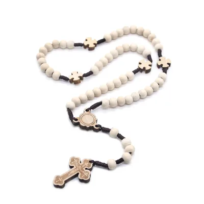 Handmade Rosary Necklace Natural Light Wood Beads Hand Knotted with Wooden Cross & Jerusalem Medals Catholic Prayer Jewelry