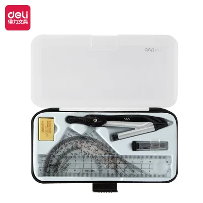 Deli 72150 #Compass Student Drafting Set with Mechanical Pencil 7pcs #SLIVER Anti slip Handle Portable Box Easy Storage