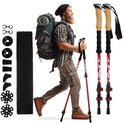 Feistel Collapsible Camping Trekking Pole, Non-slip Rubber Tip, Shockproof Design, Wholesale Factory Supply for Outdoor Gear
