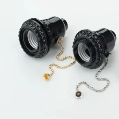 Black Bakelite E26-E27 Screw Drawstring Zipper Lamp Socket Household Lighting with Switch Textured Lamp Holder Base