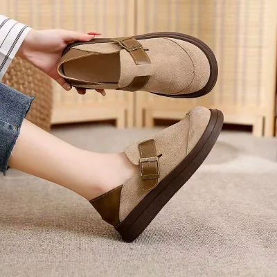 Girls Retro All-Match Brown Loafers Women's Thick Bottom Casual Flat Sneakers Fashionable Head Running Flats Slip-On Spring Cork