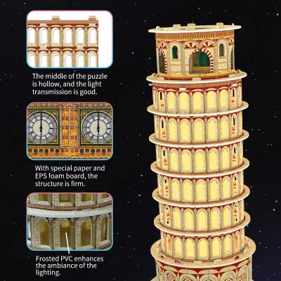 3D Paper Puzzle Model World Buildings Paris Eiffel Tower Big Ben Leaning Tower Pisa White House Creative Gift Flash Lights for