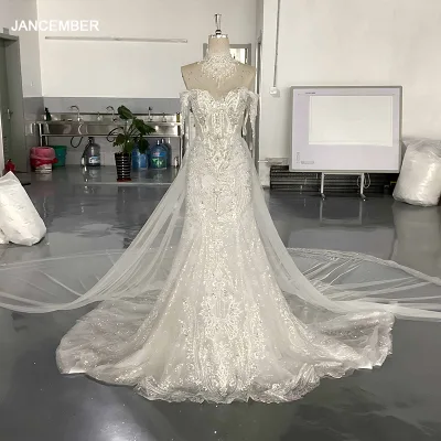 For Jancember LSMX098 White Wedding Dress Modern Boho-Main Mermaid Lace Appliques Floor-Length with Chapel Train