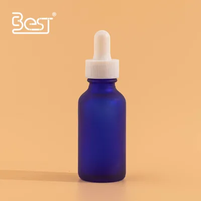Customized 30ml Cobalt Blue Cosmetic Serum Glass Essential Oil Dropper Bottle With White Dropper Cap