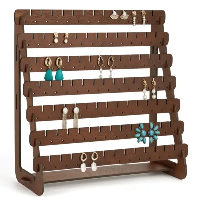 Wood 7-Tier Thin Earring Display Stand Organizer Jewelry Holder Jewelry for Womenfor Stud Earrings-Brown