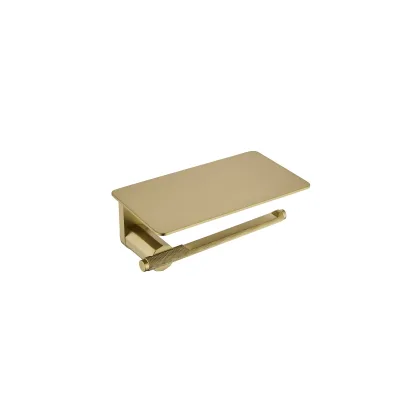 Wall Mounted square Brushed Gold Toilet Tissue Holder with Shelf, Waterproof Brass Paper Holder with Rolled Flower Design