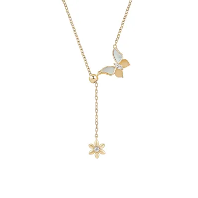 Vintage S925 Silver Butterfly Shell Tassel Lariat Necklace 18K Gold Plated Dainty Butterfly & Flower Y-drop Adjustable Necklace