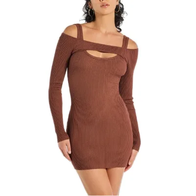 Luxury High Quality Custom Brown Women's Casual Dresses Long Sleeve Ribbed Slim Mini New Fashion Modern & Stylish Clothing