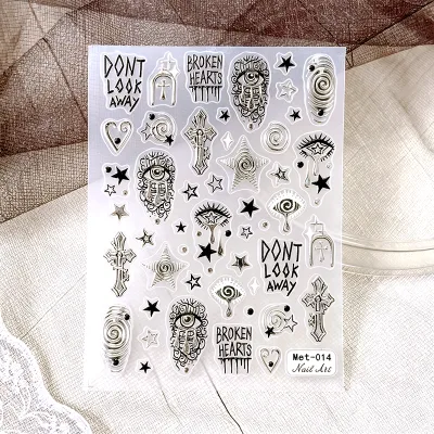 3D Relief Nail Art Stickers Gothic Metallic Silver Weeping Eyes Crosses Stars Nail Stickers Wholesale