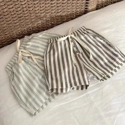 Spring and Summer 2025 Korean Boy Striped Shorts Cute Button Baby Casual Pants Loose Breathable Linen and Cotton.
