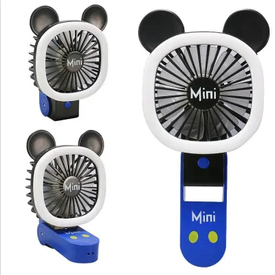 2020 Hand Held Battery Operated Powered Electric Folding Electric Mini Small Fan Usb Rechargeable Square Cartoon Cute Fill Light