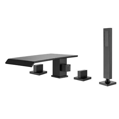 Modern Matt Black Bathtub Faucet Deck Mounted 4 Hole Ceramic Cartridge Dual Handle with Handheld Shower Brass Bathroom Mixer Tap