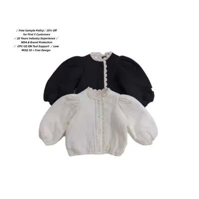 Girls Lace Trim Puff Sleeve Cardigan Button Front Soft Breathable Casual Layering Top Multiple Colors in Stock Customizable