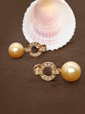 18K Gold Real Golden South Sea Cultured 11-12mm Pearl Diamond Earrings