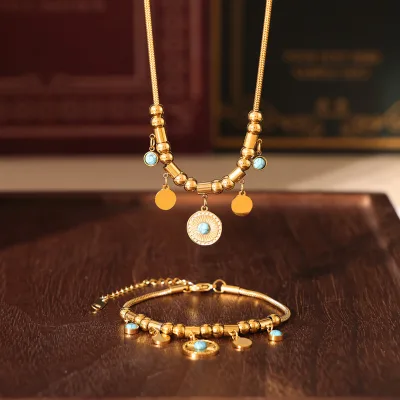 Vacation Style Turquoise Pendant Necklace Bracelet Set Gold Plated Boho Ethnic Beach Jewelry