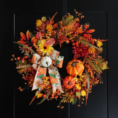 Wholesale Handmade Autumn Color Pumpkin Wreath with Bowknot Sunflower Thanksgiving Harvest Festival Halloween Wreaths