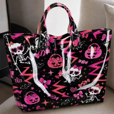 Halloween PVC Handbags Tote Bag for Women Lightweight Halloween Party Decorations Pink Pumpkin Tote Bags