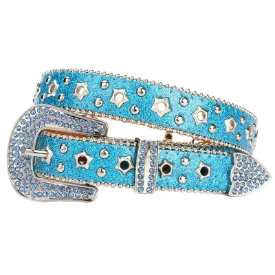 Glitter PU Narrow Rhinestone Belt Western Cowboy Fashionable Hiptop Belt Metal Studs Casual Women's Belt Accessories