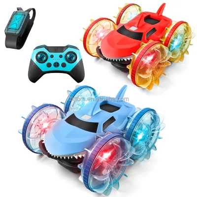 2.4G&Watch Dual Remote Control Glare Lamp Amphibious Stunt Vehicle Multifunctional Shark Waterproof Double-sided Rolling Car