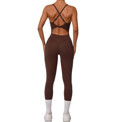 Adjustable Buckle Bodysuit Cross Waisted Hip Lift Exercise Yoga Tight Bodysuit with Chest Pad