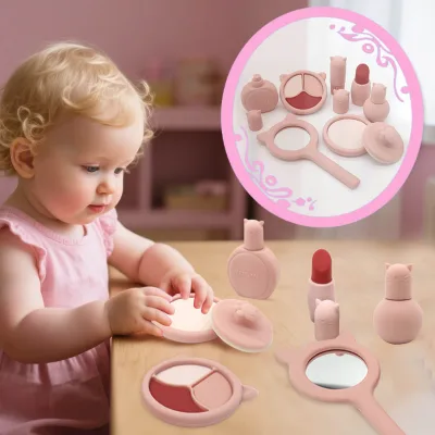 Food Grade Cute Pink Cosmetics Set Cosmetic Nail Eye Shadow Brushes Lipstick Silicone Girl Makeup Set Toys