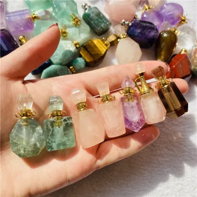 Hand Carved Quartz Crystal Perfume Bottle Essential Oil Bottle for Necklace Pendant