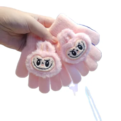 Linda New Cartoon Korean Version Labubu Plush Children's Gloves, Warm and Thick Five Finger Split Finger Gloves
