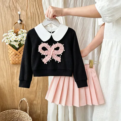 26-piece Girls Sweet Fashion Set Pearl-trimmed Long-sleeve Ribbed Top Turn-down Collar Bow Detail Paired A-line Pleated Skirt