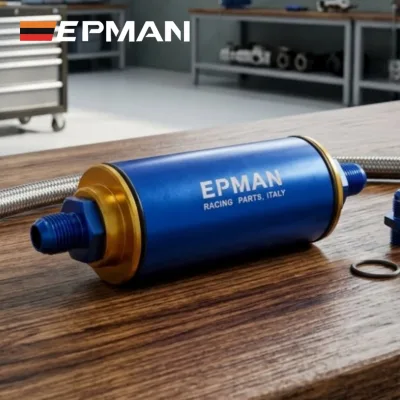 EPMAN Universal Inline Fuel Filter 100 Micron High Flow Gasoline Diesel Filter with 6AN 8AN 10AN Adapter & 8.6mm Barb Fittings