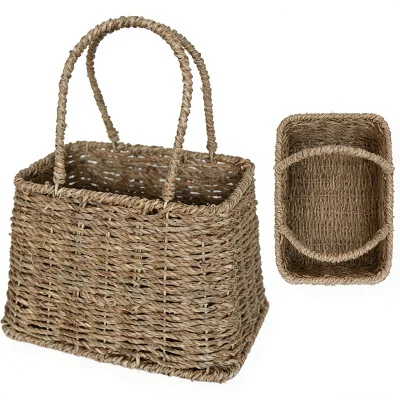 Vintage Style Seagrass Natural Flower Basket with Handle Square Shape Woven Straw Basket for Farmhouse Decor