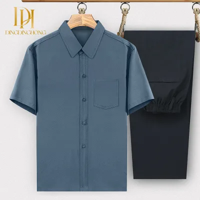 Casual Summer Outfit for Middle-aged Elderly Men 60-70-80 Year Olds Loose Ice Silk Grandpa Shirt Set Dad's Comfortable Clothing