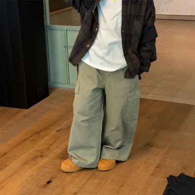 Autumn New Children's Japanese American Retro Pocket Cargo Pants Boys Girls Distressed Washed Soft Korean Style Cotton