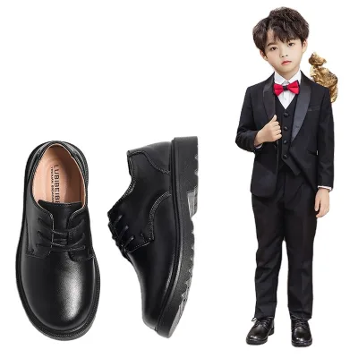 Boys Black Leather Lace-up Soft-soled Student stage shoes