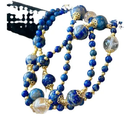 New Chinese Retro Style High-End 10K Solid Gold Link Chain Necklace with Natural White Crystal and Lapis