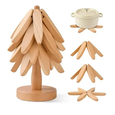Customize 4 Beech Tree Tripods and 1 Christmas Tree Shaped Wooden Decoration Hot Pot coaster