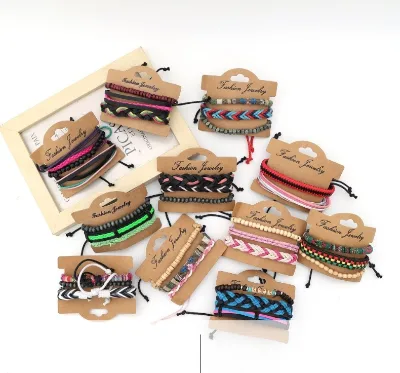 New cross-border jewelry simple handmade woven bracelet for women leather bracelet for men wooden beaded jewelry