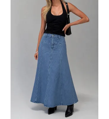 Curvy Women Panel Stitching Denim Maxi Skirt High Rise Button Fly Flared Long Jeans Skirt Plus Size Slimming Mermaid Denim Skirt