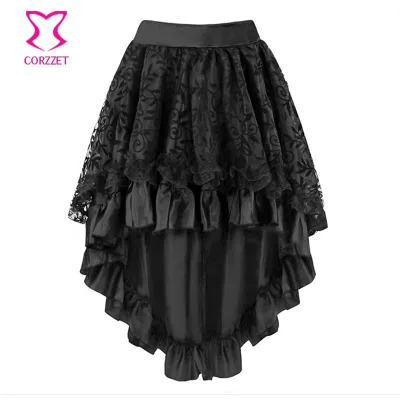 Corzzet Skirts Black/Green/Brown Retro Satin Lace Steampunk Skirt Sexy Ruffle Gothic Vintage Back Zipper Closure