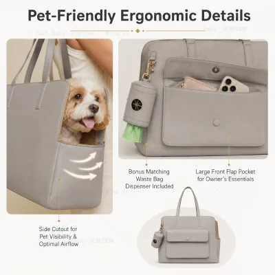 Wholesale Custom Vegan Leather Portable Fashion Pet Carrier Tote Bag Side Cutout Airflow Removable Plush Lining Small Dog Cat