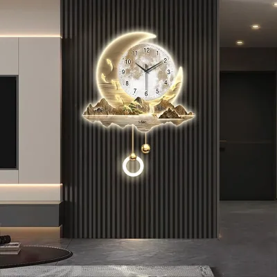 Moon Shaped Decorative Silent Quartz Analog Wall Clock Illuminated LED Light Wall Decor for Living Room Home Decoration