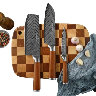 Faux Woodgrain Handle Damascus Laser Pattern 3cr13 Steel Kitchen Knives Set of 3 Chef Vegetable Fruit Knives
