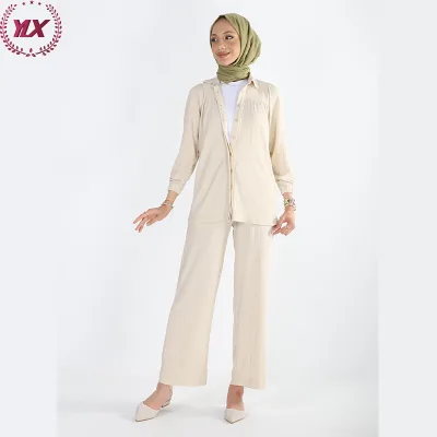 Manufacturers OEM Service Dubai Blouse Muslim Women Set Simple Shirt Pants Suit for Women