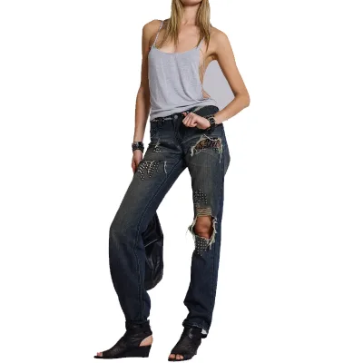 Customized Rock Vintage Skinny Breathable Low-waisted Lace Torn Denim Boot-cut Pants