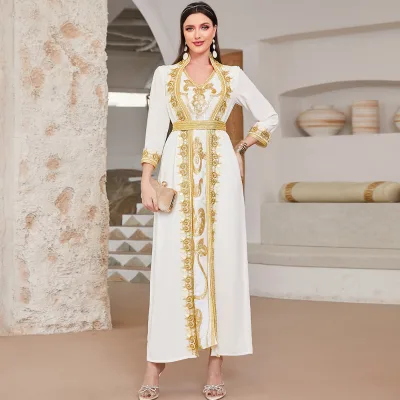 2024 New Ramadan Party Suit Gold Lace Sequin Embroidery Bead Embroidery Dress Arabian Long Dress for Muslims