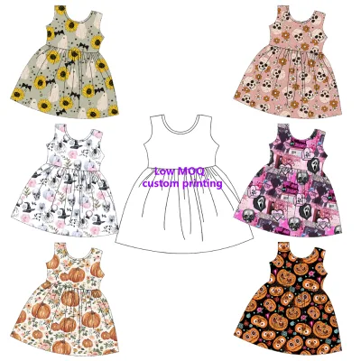 Wholesale Little Girls Adorable Halloween - Themed Sleeveless Dresses Low MOQ Soft Kids Custom Printing Round Neck Spin Dress
