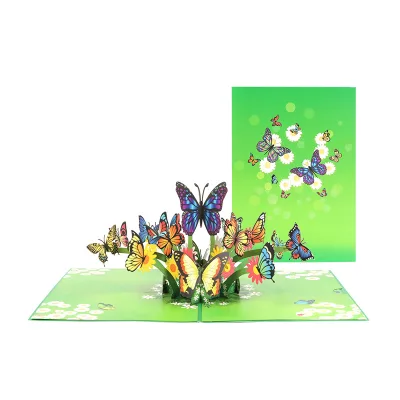 Customized Support Gift Handcrafts 3D butterfly pop up Green Rectangle Folded Greeting Card for Wholesale