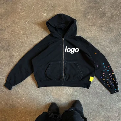 OEM Custom Sleeve Gemstone Men's Custom Rhinestone Hoodie Rhinestone Crystal Black Oversized Cotton Zipper-up Hoodies
