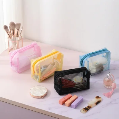 Multipurpose Foldable Portable Clear Mesh Zipper Handled Fashion Small Nylon Eco-Friendly Durable Cosmetic Bag Makeup Brush